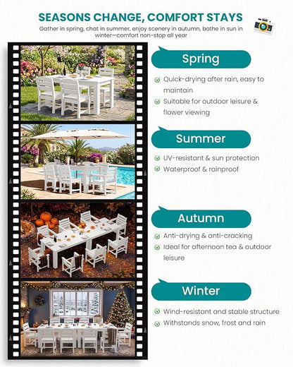 SERWALL HDPE Dining Set for 8: 2 Umbrella Hole Tables + 8 Chairs. for Garden, Backyard, Poolside. White