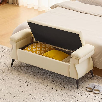 Furniliving 51”Ottoman with Storage, Upholstered End of Bed Bench with Armrest Cushion, Ottoman Bench, Faux Leather Bedroom Bench, Bed Bench with Storage, for Living Room, Entryway, Beige