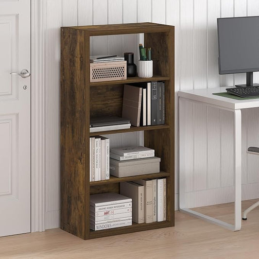 Furinno Viola Book Shelf, 4-Tier Bookshelf, Extra Thick Frame Bookcase with Open Shelf, Open Back Design, 11.3" x 23.2" x 45.4", for Living Room, Bedroom, Home Office, Amber Pine