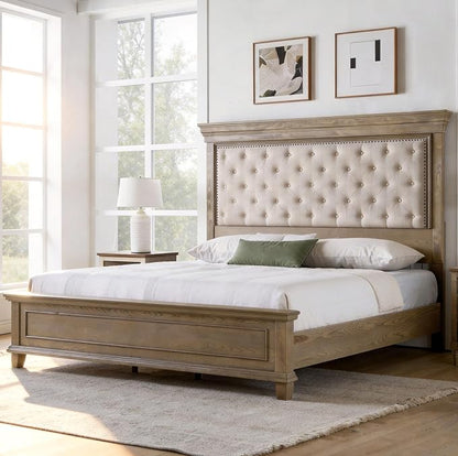 AMERLIFE Queen Size Solid Wood Bed Frame, Greige | Tufted Headboard, 68" Tall Bed and Headboard, Noise-Free, Easy Assemble, Solid Pine, Wooden Slats Support, Queen Size Bed