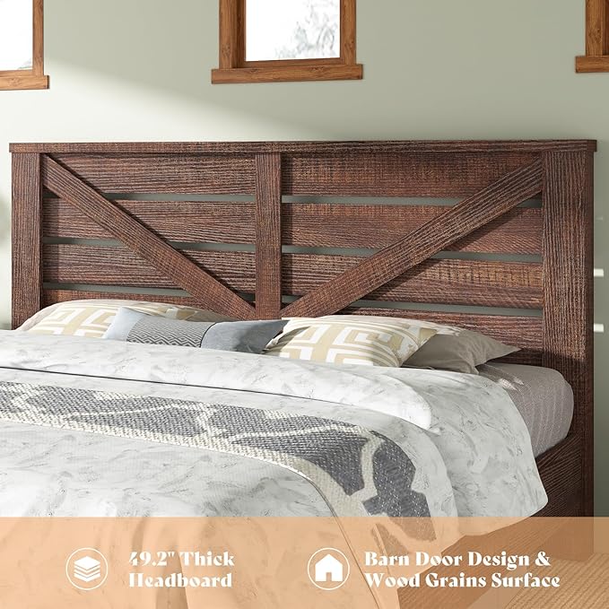 AMERLIFE Queen Size Bed Frame with 49.2" Barn Door Headboard and Footboard, Rustic Farmhouse Platform Bed Frame with Wood Slats, No Box Spring Needed, Under Bed Storage, Reclaimed Barnwood
