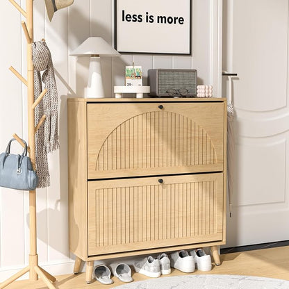 Fsbecl Shoe Storage Cabinet for Entryway with 2 Flip Drawers, Narrow Wood Shoe Cabinet with Fluted Panel, Freestanding Hidden Shoe Organizer for Foyer, Hallway (Wood Color)