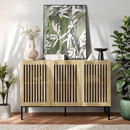 BVIUNTWO Buffet Cabinet with Storage,47" Farmhouse Console Table with Metal Base and Adjustable Shelves,Sideboard Coffee Bar Cabinet with 3 Doors for Kitchen,Dining Room,Living Room,Oak
