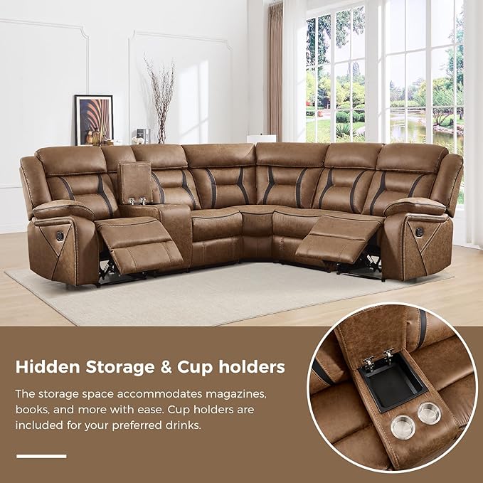 EBELLO Faux Leather Reclining Sectional Sofa Set for Living Room, 1 Recliner Chair and L-Shaped Reclining Couches Home Furniture Set with Center Console, Hidden Cup Holders and Storage, Brown