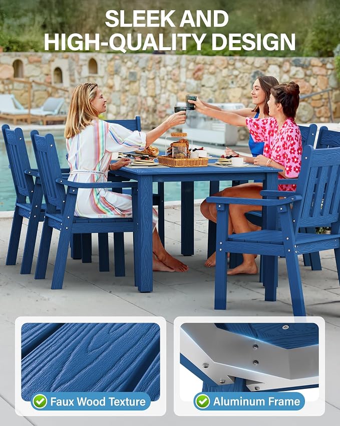 YEFU HIPS Patio Table Set: 5 Piece Outdoor Table and Chairs Dining Furniture Set with Umbrella Hole - Blue Modern Plastic Dining Sets 4 Person for Outside Deck with Metal Aluminum Frame