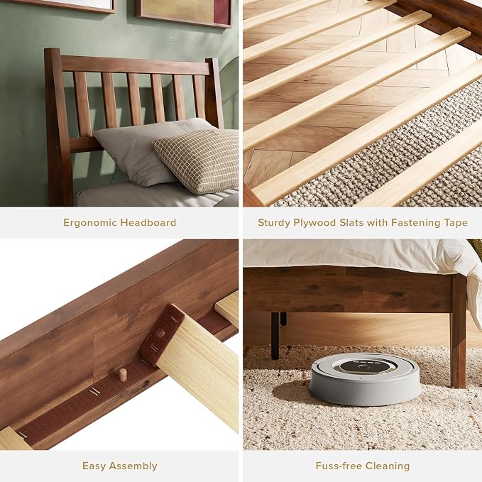 mopio Ted Bed Frame with Headboard, Mid Century Modern Acacia Solid Wood Platform Bed Frame, Wooden Slats, No Box Spring, Double Metal Bar Support (Solid Wood Slatted, Twin)