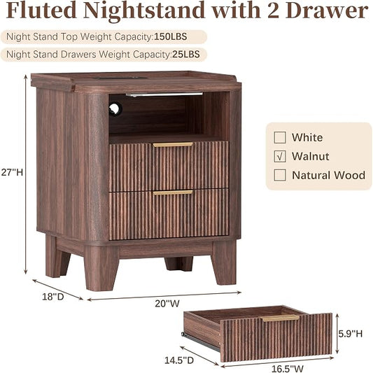 Baoz Walnut Fluted Nightstand with Charging Station & 2 Wooden Drawers | 20" Wide Mid Century Modern Bedside Table Wood Curved Profile Design 27in Tall LED Night Stand
