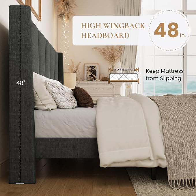 SHA CERLIN King Size Bed Frame with Geometric Wingback Headboard, Upholstered Platform Bed with, 8" Under-Bed Space, No Box Spring Needed, Easy Assembly, Grey