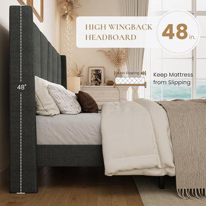 SHA CERLIN Queen Size Bed Frame with Geometric Wingback Headboard, Upholstered Platform Bed with Wooden Slats Support, 8" Under-Bed Space, No Box Spring Needed, Easy Assembly, Grey