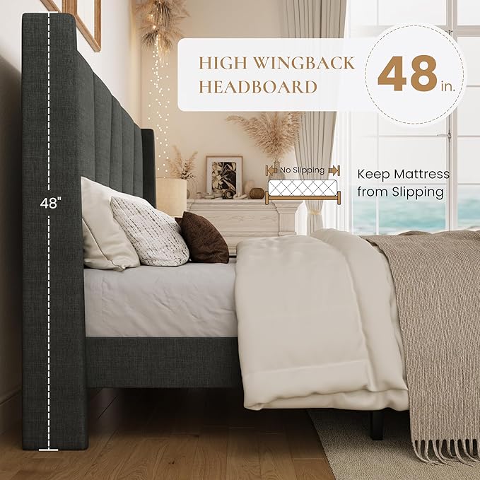 SHA CERLIN Full Size Bed Frame with Geometric Wingback Headboard, Upholstered Platform Bed with Wooden Slats Support, 8" Under-Bed Space, No Box Spring Needed, Easy Assembly, Grey