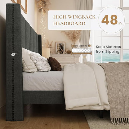 SHA CERLIN Full Size Bed Frame with Geometric Wingback Headboard, Upholstered Platform Bed with Wooden Slats Support, 8" Under-Bed Space, No Box Spring Needed, Easy Assembly, Grey
