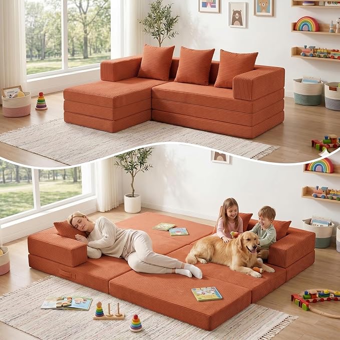 65" Modular Sectional Sofa, Boneless Convertible Sleeper Sofa Bed, Modern Tri-Folding Cloud Couch with L-Shape Chaise, Corduroy Futon Couches for Small Spaces Apartment,No Assembly, Orange