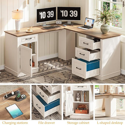 Halitaa Farmhouse 59" L-Shaped Executive Desk with Drawers, Wood Home Office Corner Desk with File Drawer, Storage Cabinet, Rustic Computer Writing Desk for Home Office.White-Brown