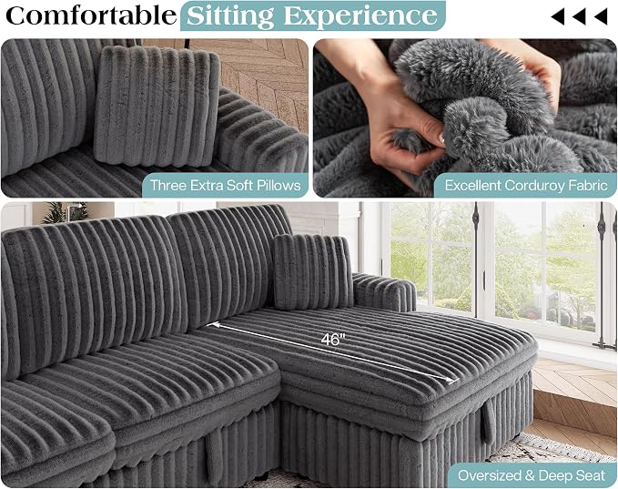 VanAcc 130" Sofa Bed, Sectional Sleeper Sofa with Pull Out Bed, Sleeper Couch for Living Room, 6 Seater Couch with Storage, Faux Fur Dark Grey