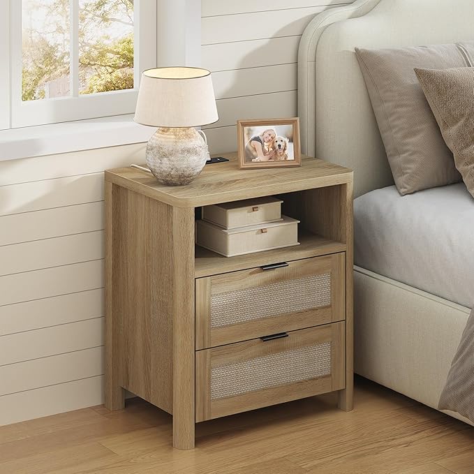 Boho Nightstand with Charging Station, Large Bedside Table with Two Drawers & Open Storage Shelf, Mid-Century Modern End Table Rattan-Look Drawer, Accent Side Table with Rounded Corners for Bedroom