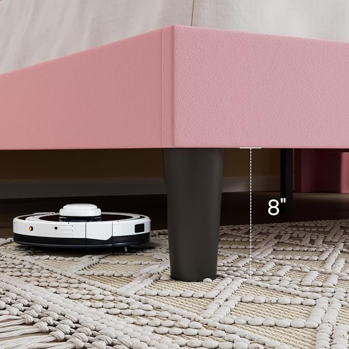 SHA CERLIN King Size Velvet Upholstered Platform Bed Frame with Vertical Channel Tufted Wingback Headboard, Wooden Slats Support, Easy Assembly, Under Bed Storage, No Box Spring Required, Pink