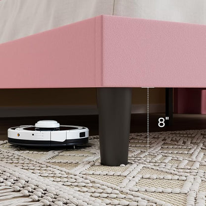 SHA CERLIN King Size Velvet Upholstered Platform Bed Frame with Vertical Channel Tufted Wingback Headboard, Wooden Slats Support, Easy Assembly, Under Bed Storage, No Box Spring Required, Pink