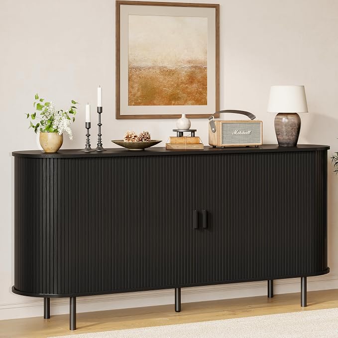 Buffet Sideboard Cabinet with Storage, 63" Fluted Cabinet with Sliding Door & Adjustable Shelf, Modern Accent Coffee Bar Console Table for Kitchen, Entryway, Black