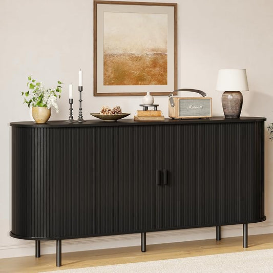 Buffet Sideboard Cabinet with Storage, 63" Fluted Cabinet with Sliding Door & Adjustable Shelf, Modern Accent Coffee Bar Console Table for Kitchen, Entryway, Black