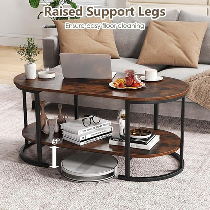 Giantex 2-Tier Coffee Table, Oval Center Table with Wood Grain Top & Open Storage Shelf, Modern Accent Table with Heavy Duty Metal Frame, Cocktail Table for Living Room Reception (Rustic Brown)