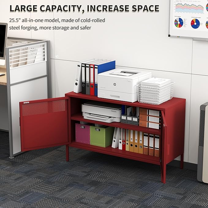 Metal Storage Locker Cabinet with 2 Doors & Adjustable Shelves, 25" Red Accent Furniture, Multipurpose Office or TV Stand for Home Entryway,Living Room