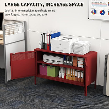 Metal Storage Locker Cabinet with 2 Doors & Adjustable Shelves, 25" Red Accent Furniture, Multipurpose Office or TV Stand for Home Entryway,Living Room