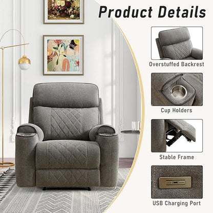 HAOMARKETS Electric Recliner Chair Set of 2, Soft Fabric Power Recliners with Metal Cup Holders, Single Overstuffed Heavy Duty Reclining Sofa Chairs for Living Room Bedroom, Light Grey