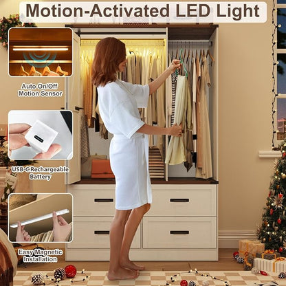 Farmhouse 3 Doors Armoire Wardrobe Closet w/Folding Sliding Barn Door and Lights, LED Armoire Closet w/Drawers for Bedroom, Freestanding Wooden Wardrobe Storage Closets w/Hanging Rod,Antique White