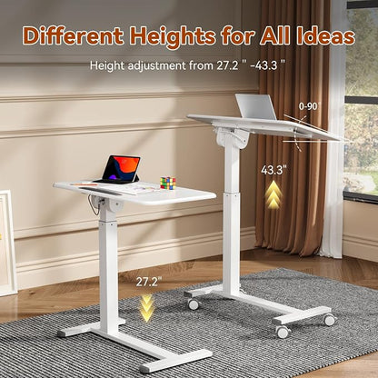 Mobile Standing Desk, Height Adjustable Left/Right Overbed Bedside Table, 90° Tiltable Portable Laptop Desk with Wheels, Foldable Computer Cart for Hospital Home Use, White