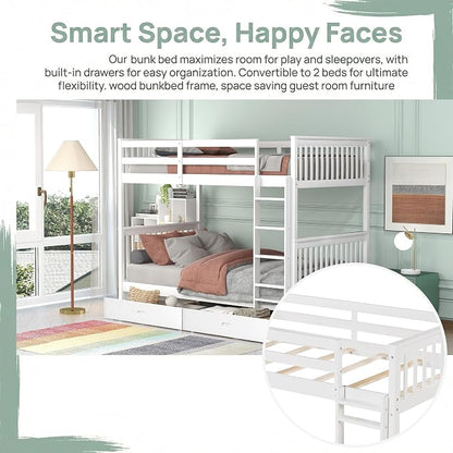 Merax Full-Over-Full Bunk Bed with Two Storage Drawers, Solid Wood Full Size Bunk Bed with Guardrail and Removable Ladder, Can be Converted Into 2 Separate Beds, White