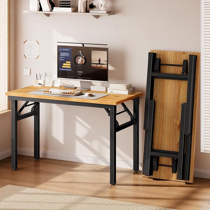 DlandHome Folding Desk for Small Spaces, 35.8'' Computer Desk Folding Table, Foldable Office Desk Computer Table Writing Workstation for Home Office, Study, Bedroom, No Assembly Required, Teak & Black