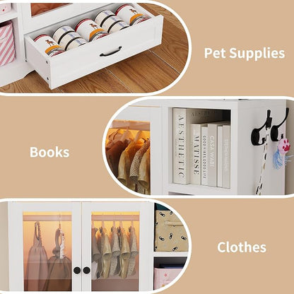 kepptory Large Pet Wardrobe Closet with LED Light, 3 Tiers Storage Shelves & Drawer, White Pet Clothes Organizer Cabinet with Hanging Rod, Multi-Functional Pet Closet for Dogs & Cats Clothing, Toys