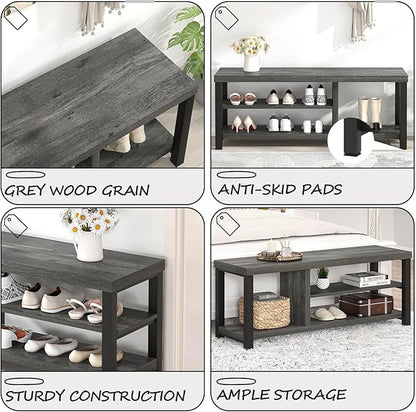EXCEFUR Industrial Entryway Bench, Rustic Indoor Shoe Boot Storage Bench Seat for Living Room, Grey