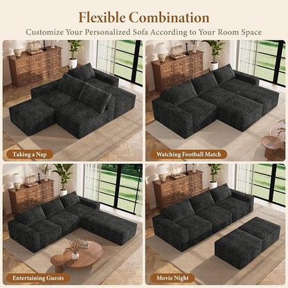 Vesgantti 114" Boneless Modular Sectional Sofa, Modern U Shaped 5 Seater Couch with 2 Ottoman & Deep Seat, Convertible Chenille Cloud Couches for Living Room, No Assembly Required, Black