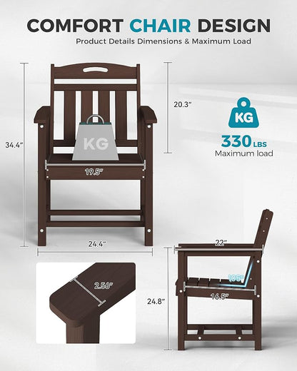 Ciokea Outdoor Patio Dining Chair, HDPE Oversized Porch Chairs with Wide Seat, All-Weather Durable Heavy-Duty Outdoor Furniture for Backyard, Poolside, Lawn & Garden, Brown