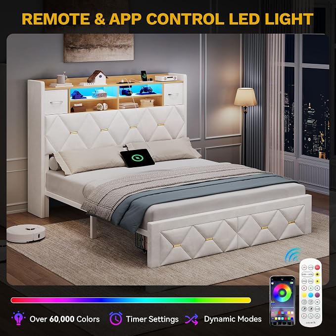 DWVO Full Size Bed Frame with 2 Storage Drawers and Storage Headboard, Upholstered Platform with Charging Station and LED Light, No Box Spring Needed, Noise Free, Easy Assembly, Velvet White