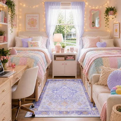RELEANY Area Rugs 4'x6' Washable Non-Slip, Floral Vintage Distress Medallion Carpet for Living Room Bedroom Dining Room, Light Purple Brown