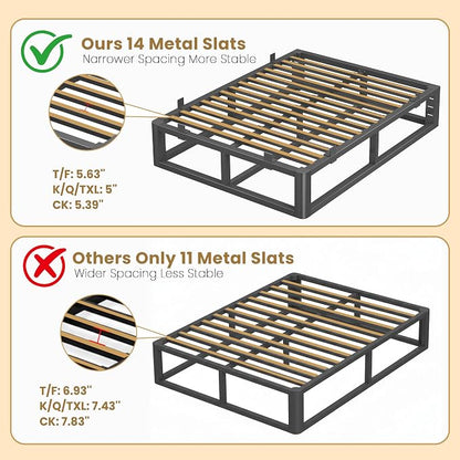 14 Inch King Size Bed Frame with Rounded Corner and Headboard Hole, Metal Platform Bed Frames 6 Non-Slip Guards, 3500lbs Heavy Duty Steel Slat Support, Squeak Free, No Box Spring Needed, Black