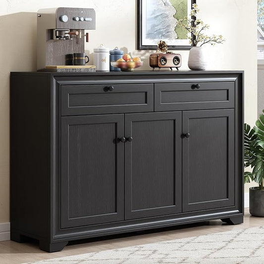 ONBRILL 48 Inches Sideboard Buffet Cabinet with Storage, Farmhouse Sideboard with 2 Drawers and 3 Doors, Wood Coffee Bar Cabinet with Adjustable Shelves for Living Room, Kitchen, Hallway, Black