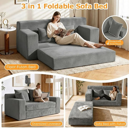Winzon Boneless Loveseat, 3 in 1 Convertible Sofa Bed Sleeper Sofa Floor Futon Bed with 4 Pillows, 55" Grey Boneless Couch for Living Room, Guest Room, Small Space, No Assembly Required, Corduroy