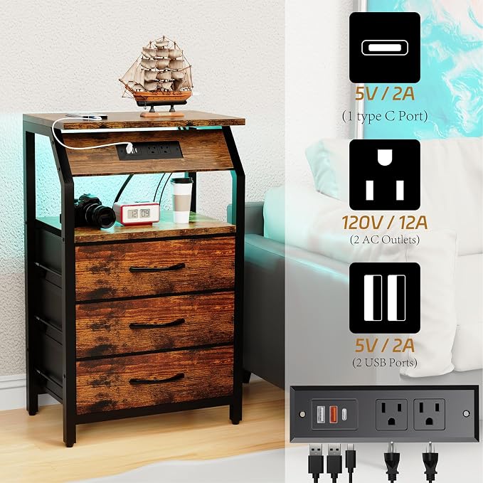 SZLHANJZ End Table with Charging Station, Nightstand with LED Lights and 3 Drawers, Small Night Stand with Fabric Storage, Retro Side Table for Bedside, Living Room Dorm, Rustic Brown