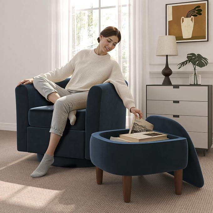 Swivel Accent Chair with Storage Ottoman, Modern Velvet Barrel Chair, Upholstered Armchair with Footrest for Living Room/Reading/Bedroom, 25.4'' D x 28.35'' W x 24.4'' H, Blue