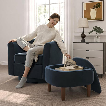 Swivel Accent Chair with Storage Ottoman, Modern Velvet Barrel Chair, Upholstered Armchair with Footrest for Living Room/Reading/Bedroom, 25.4'' D x 28.35'' W x 24.4'' H, Blue