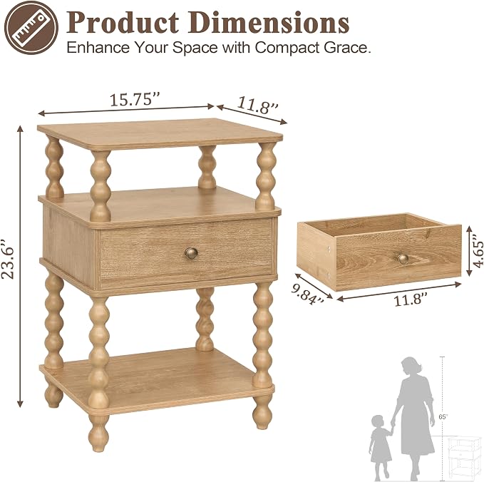 AWASEN Night Stand with Drawer, Bedside Table with Storage, 3-Tier Small Nightstand End Table for Bedroom with Solid Wood Spindle Legs, Rustic Walnut