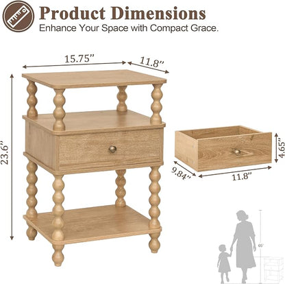 AWASEN Night Stand with Drawer, Bedside Table with Storage, 3-Tier Small Nightstand End Table for Bedroom with Solid Wood Spindle Legs, Rustic Walnut