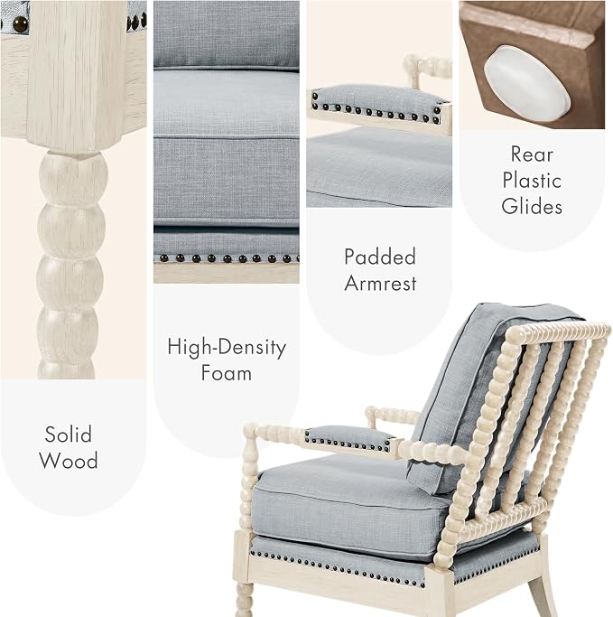 Madison Park Accent Chairs for Living Room Farmhouse Modern Armchair, Solid Wood, Antiqued Finish, Upholstered Seat Removable, Bedroom Lounge for Reading, 25.5" W, Light Blue/Antique Cream