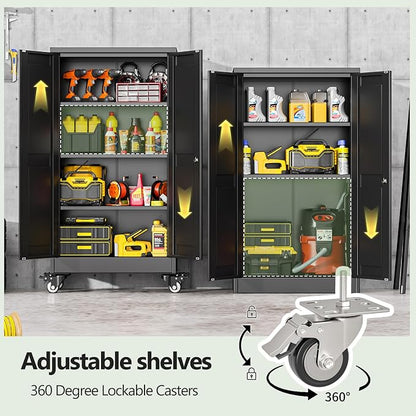 Metal Garage Storage Cabinet, 46”Tall Rolling Utility Cabinet Black | storage system with Wheels, Lock, 3 Adjustable Shelves, Heavy Duty Steel Tool Locker for Home Office, Utility Room, Gym