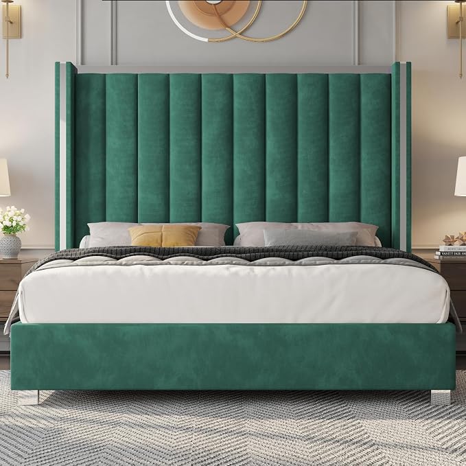 Jocisland Bed Frame with 58" Tall Headboard, Platform Velvet Upholstered Bed with Channel Tufted Wingback Headboard and Plating Trim, No Box Spring Needed (Green, King (U.S. Standard))