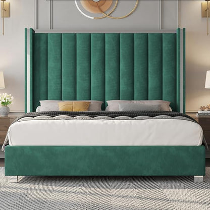 Jocisland Bed Frame with 58" Tall Headboard, Platform Velvet Upholstered Bed with Channel Tufted Wingback Headboard and Plating Trim, No Box Spring Needed (Green, King (U.S. Standard))
