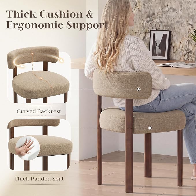 Wooden Dining Chairs Set of 6, Upholstered Kitchen Chairs with Solid Wood Legs, Mid Century Dining Room Chair with Ergonomic Curved Backrest for Kitchen Dining Vanity, Camel